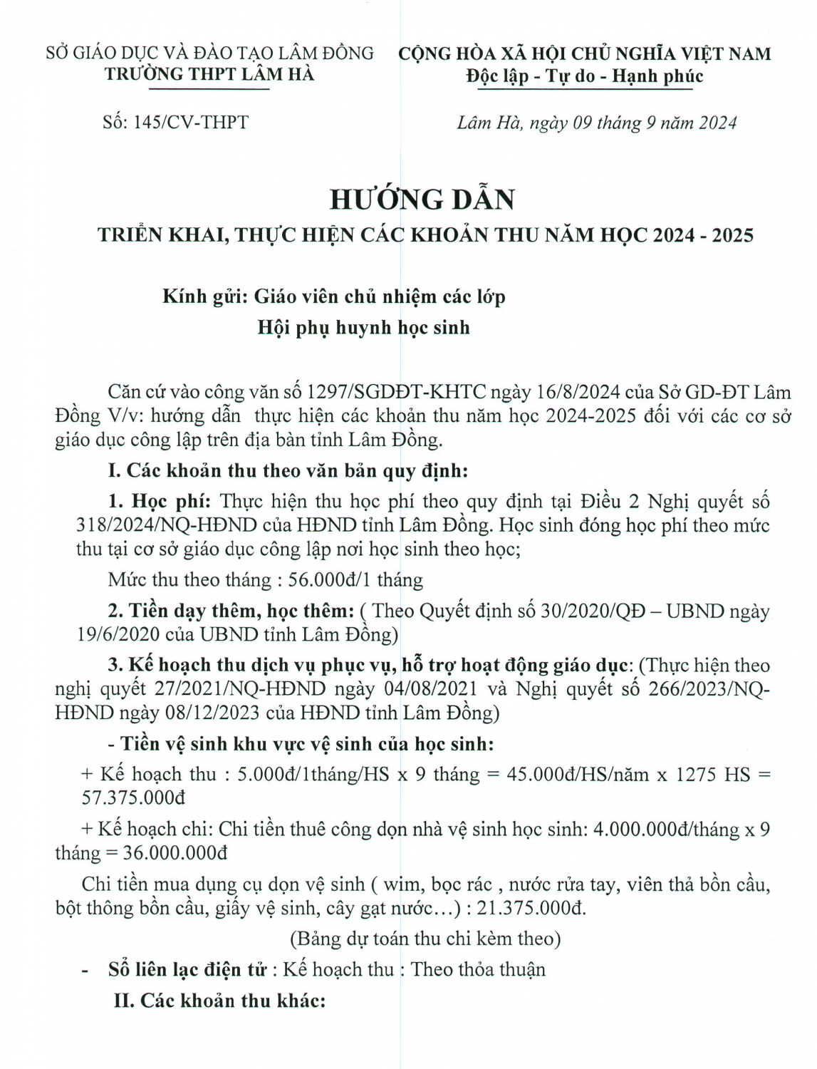 HƯỚNG DẪN TRIỂN KHAI, THỰC HIỆN CÁC KHOẢN THU NĂM HỌC 2024 - 2025